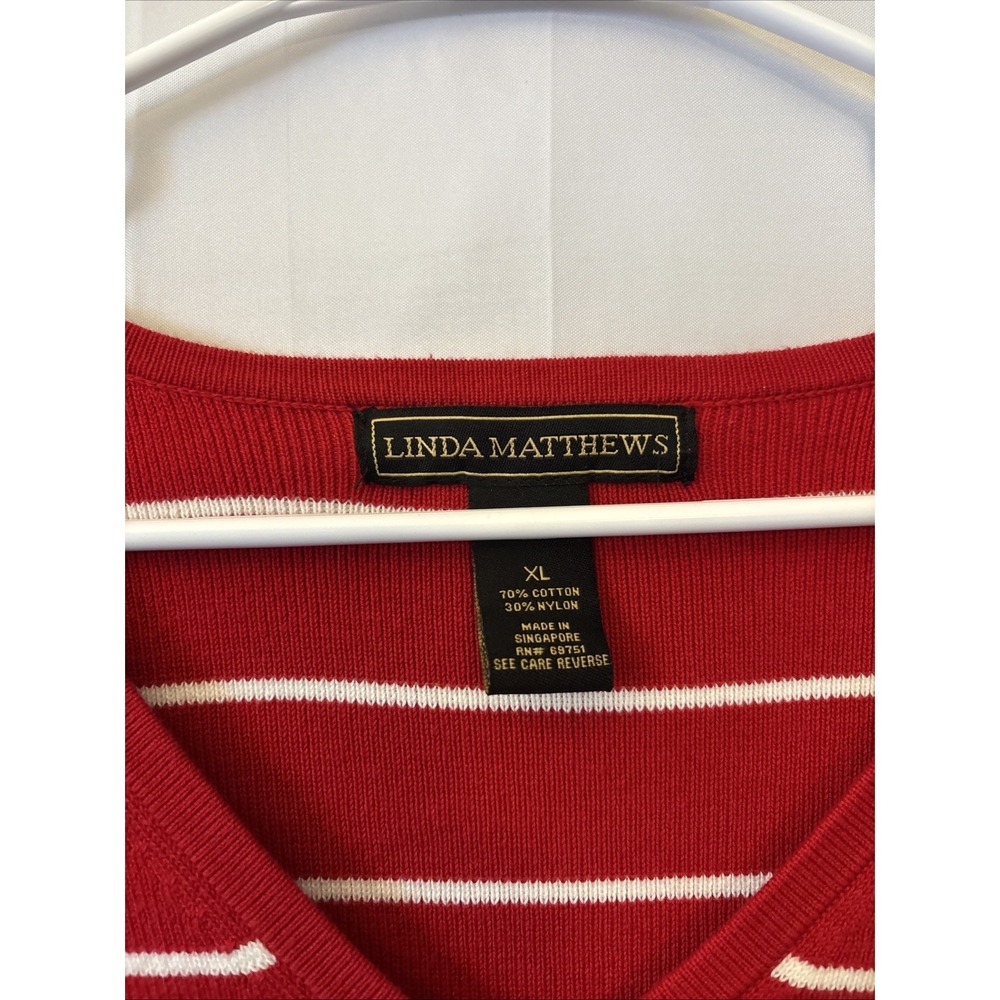 Linda Matthews Cardigan Sweater Womens XL Red/ White Striped V Neck Button - Picture 2 of 6